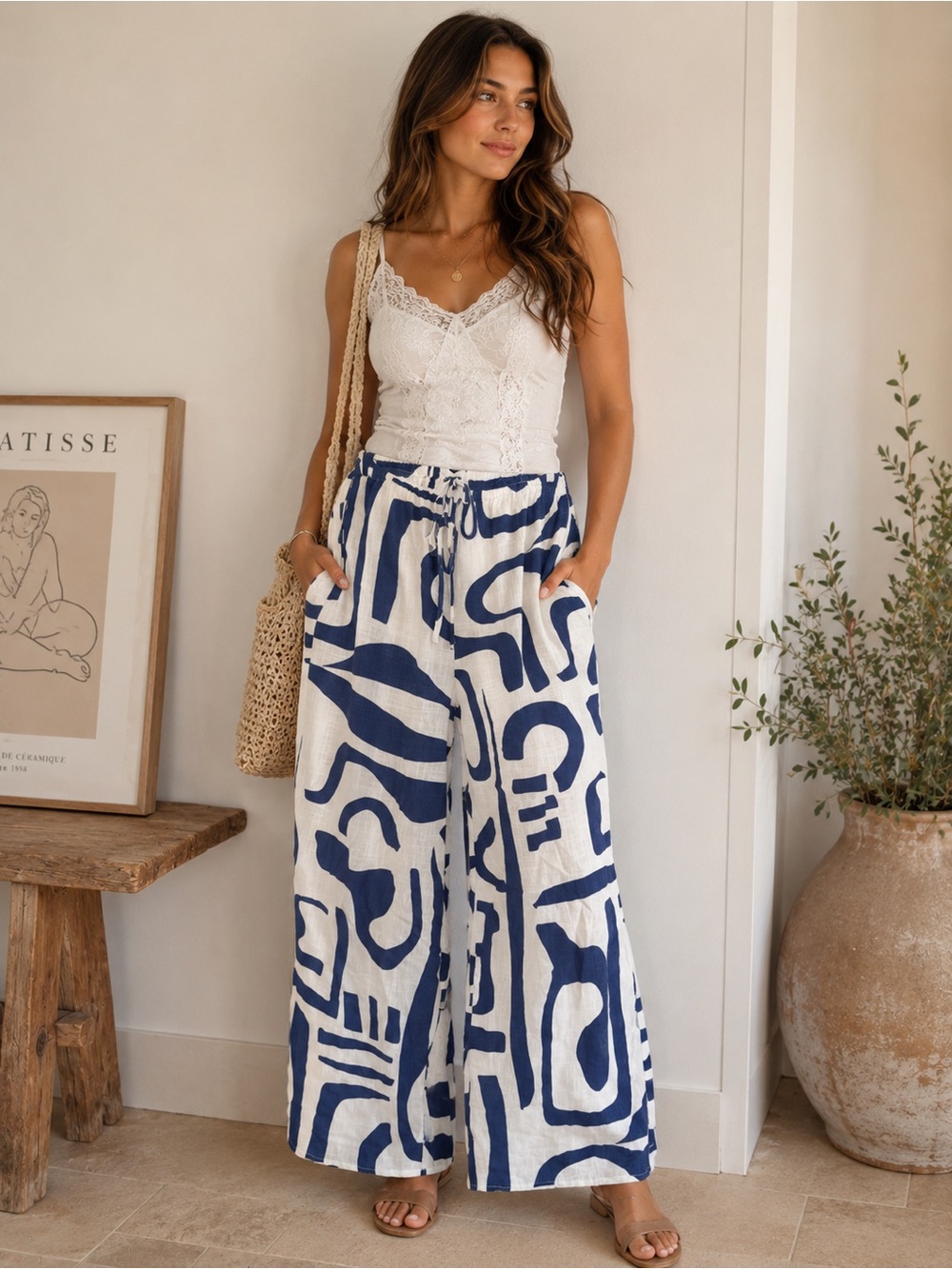 Paper Heart Linen Blend Abstract Navy Print Wide-Leg Pants